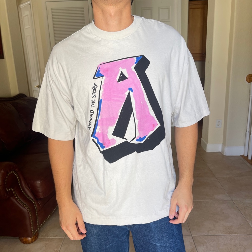 Men's White Graphic T-Shirt with Pink and Black Design